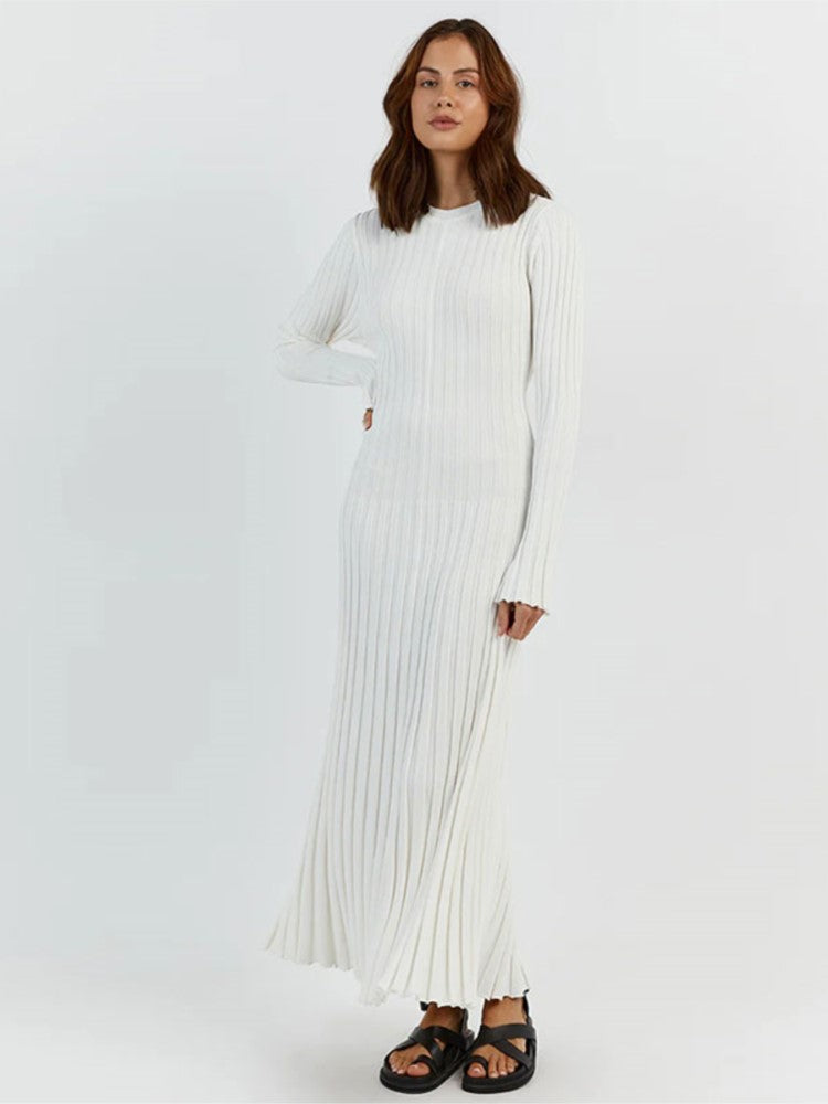 Women's round neck pleated maxi dress